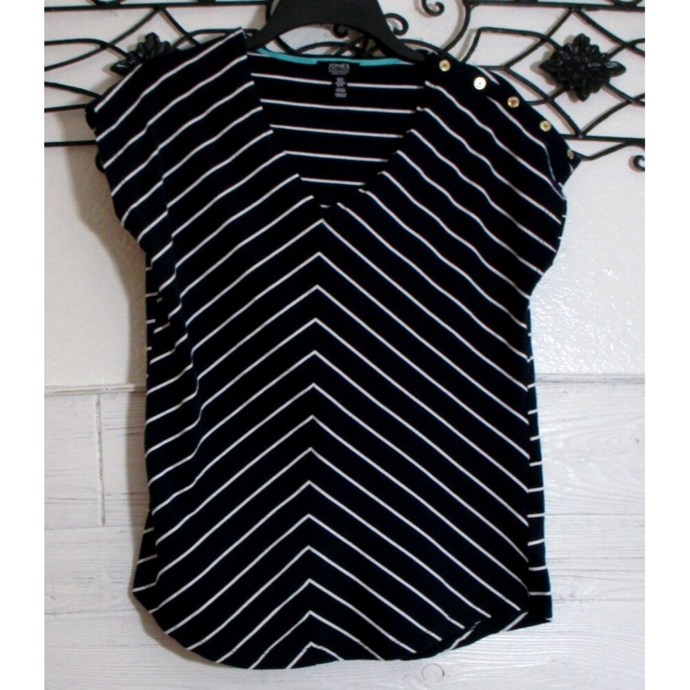 Jones New York Women's Top Size M Short Sleeve Navy Blue Striped V Neck